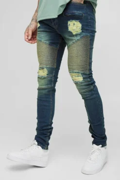 Cheap boohooMAN Tall Skinny Stretch Ripped Distressed Biker Jeans vintage blue