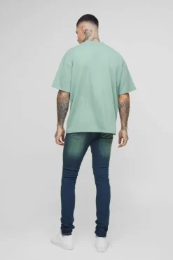 Cheap boohooMAN Tall Skinny Stretch Ripped Distressed Biker Jeans vintage blue