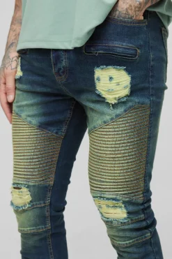 Cheap boohooMAN Tall Skinny Stretch Ripped Distressed Biker Jeans vintage blue
