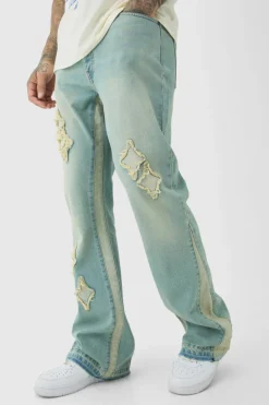 Discount boohooMAN Tall Slim Flare Applique Gusset Panel Jeans antique blue