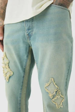 Discount boohooMAN Tall Slim Flare Applique Gusset Panel Jeans antique blue