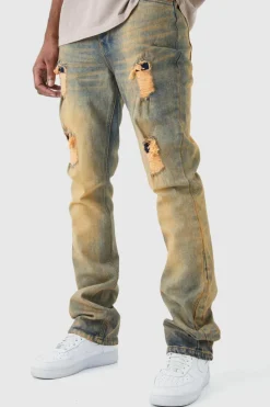 Discount boohooMAN Tall Slim Flare Stretch Multi Rip & Repair Jeans antique wash