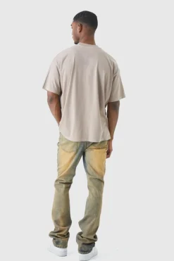 Discount boohooMAN Tall Slim Flare Stretch Multi Rip & Repair Jeans antique wash