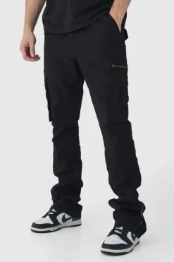 Hot boohooMAN Tall Slim Flare Zip Gusset Overdye Acid Wash Cargo Trouser In black