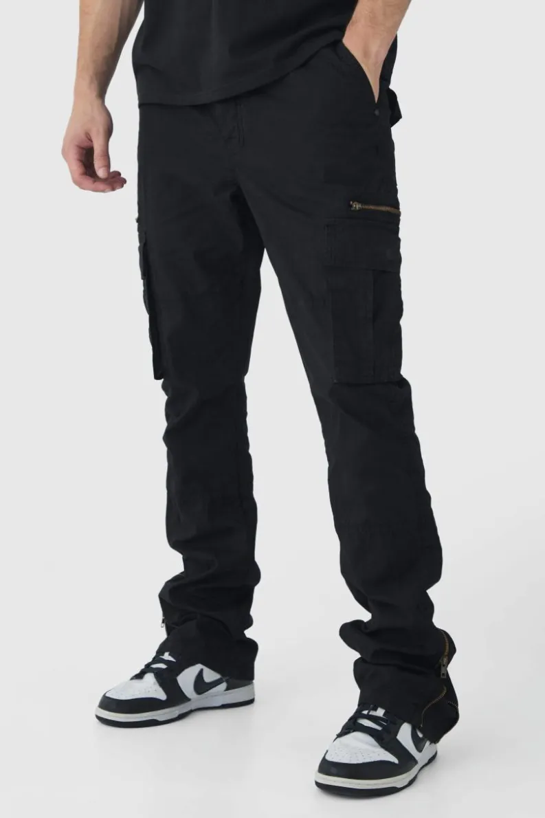 Hot boohooMAN Tall Slim Flare Zip Gusset Overdye Acid Wash Cargo Trouser In black