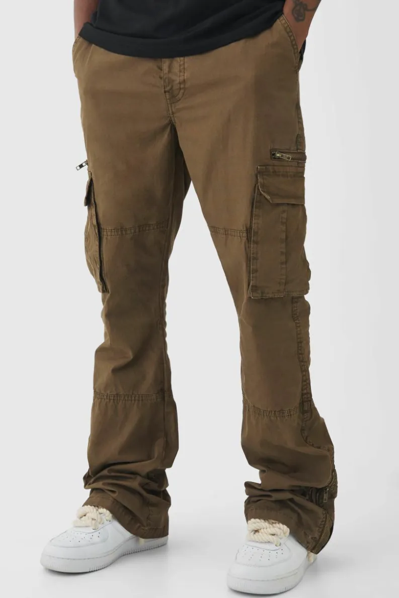 Best Sale boohooMAN Tall Slim Flare Zip Gusset Overdye Acid Wash Cargo Trouser In chocolate