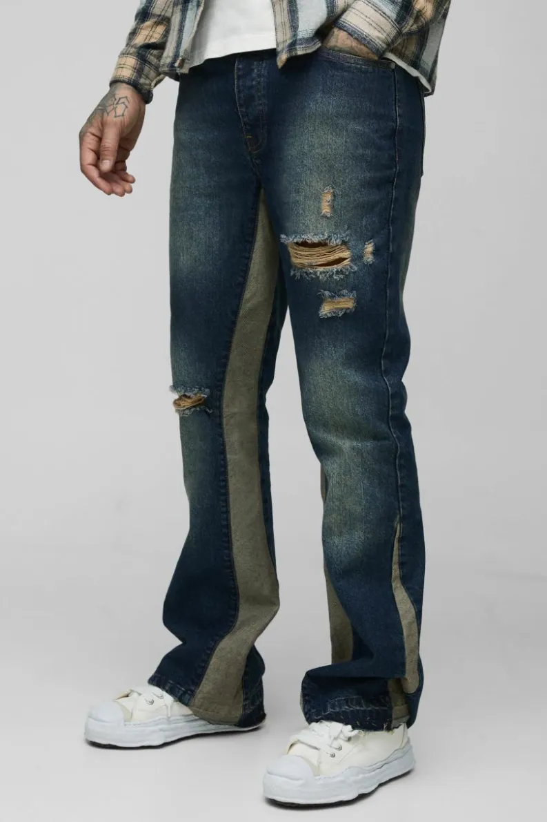 New boohooMAN Tall Slim Rigid Flare Distressed Gusset Panel Acid Washed Jeans vintage wash