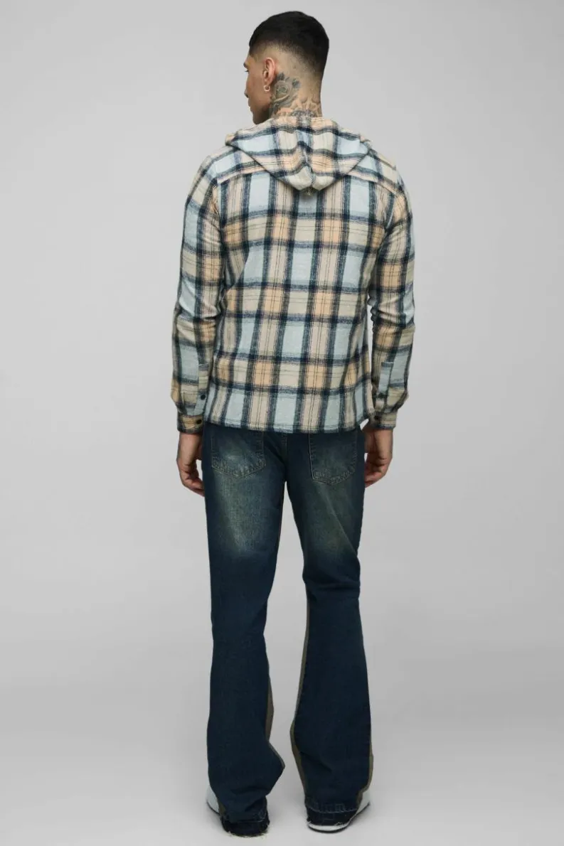 New boohooMAN Tall Slim Rigid Flare Distressed Gusset Panel Acid Washed Jeans vintage wash