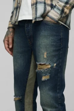 New boohooMAN Tall Slim Rigid Flare Distressed Gusset Panel Acid Washed Jeans vintage wash