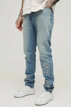 Hot boohooMAN Tall Slim Rigid Pu Star Applique Gusset Jeans antique wash