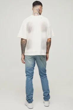 Hot boohooMAN Tall Slim Rigid Pu Star Applique Gusset Jeans antique wash