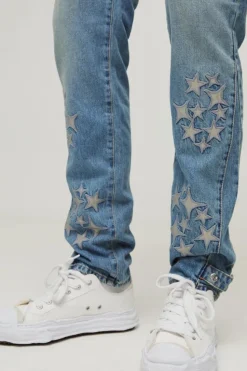 Hot boohooMAN Tall Slim Rigid Pu Star Applique Gusset Jeans antique wash