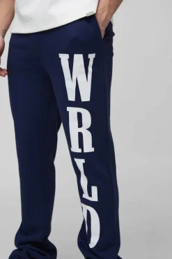 Sale boohooMAN Tall Slim Stacked Wrld Print Gusset Jogger navy