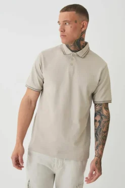 Best Sale boohooMAN Tall Slim Tipped Pique Polo In stone