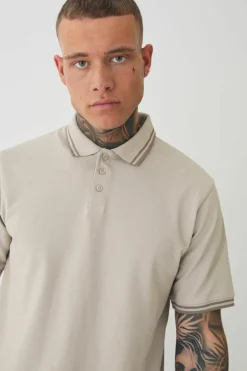 Best Sale boohooMAN Tall Slim Tipped Pique Polo In stone