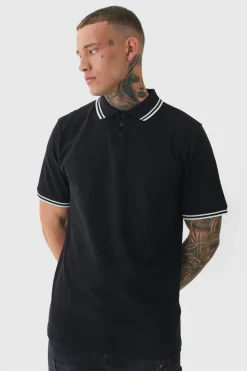 Cheap boohooMAN Tall Slim Tipped Pique Polo In black