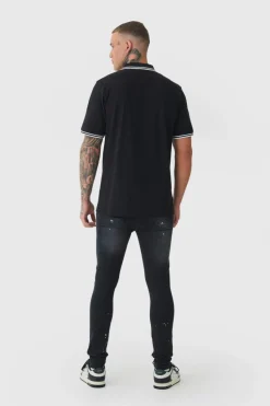 Cheap boohooMAN Tall Slim Tipped Pique Polo In black