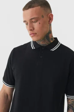 Cheap boohooMAN Tall Slim Tipped Pique Polo In black