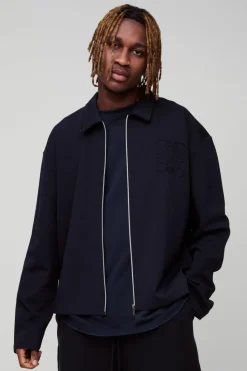 Sale boohooMAN Tall Smart Interlock De Bossed Zip Up Overshirt black