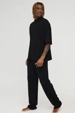 Online boohooMAN Tall Soft Rib Oversized T-shirt and Jogger Lounge Set in black
