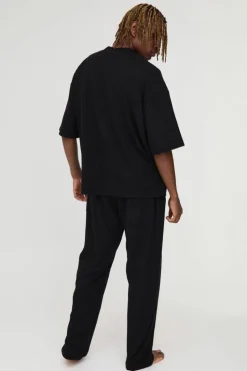 Online boohooMAN Tall Soft Rib Oversized T-shirt and Jogger Lounge Set in black