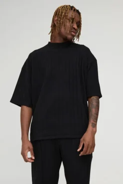 Online boohooMAN Tall Soft Rib Oversized T-shirt and Jogger Lounge Set in black