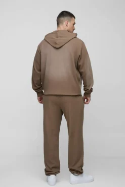 Cheap boohooMAN Tall Spray Wash Waffle Graphic Hooded Tracksuit brown