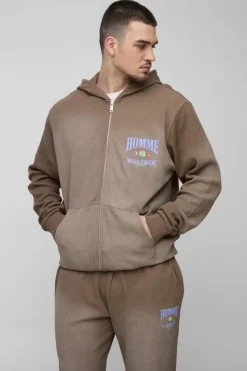 Cheap boohooMAN Tall Spray Wash Waffle Graphic Hooded Tracksuit brown