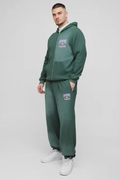 Store boohooMAN Tall Spray Wash Waffle Graphic Hooded Tracksuit green