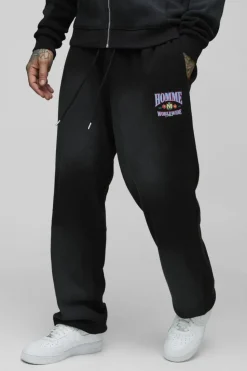 Fashion boohooMAN Tall Spray Wash Waffle Graphic Oversized Jogger washed black