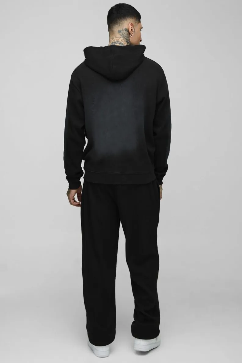 Fashion boohooMAN Tall Spray Wash Waffle Graphic Oversized Jogger washed black