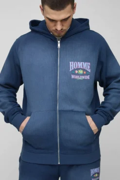 Shop boohooMAN Tall Spray Wash Waffle Graphic Zip Up Hoodie navy