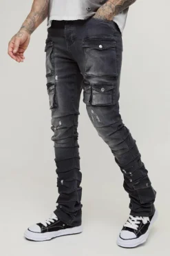 Shop boohooMAN Tall Stacked Multi Cargo Pocket Flared Jeans grey