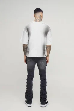 Shop boohooMAN Tall Stacked Multi Cargo Pocket Flared Jeans grey