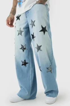 New boohooMAN Tall Star Applique Baggy Fit Jeans antique blue