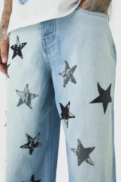 New boohooMAN Tall Star Applique Baggy Fit Jeans antique blue