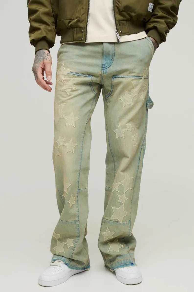 Best Sale boohooMAN Tall Star Applique Gusset Detail Carpenter Jeans khaki