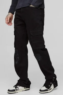 Sale boohooMAN Tall Straight Fit Rip & Repair Popper Hem Cargo Jeans black
