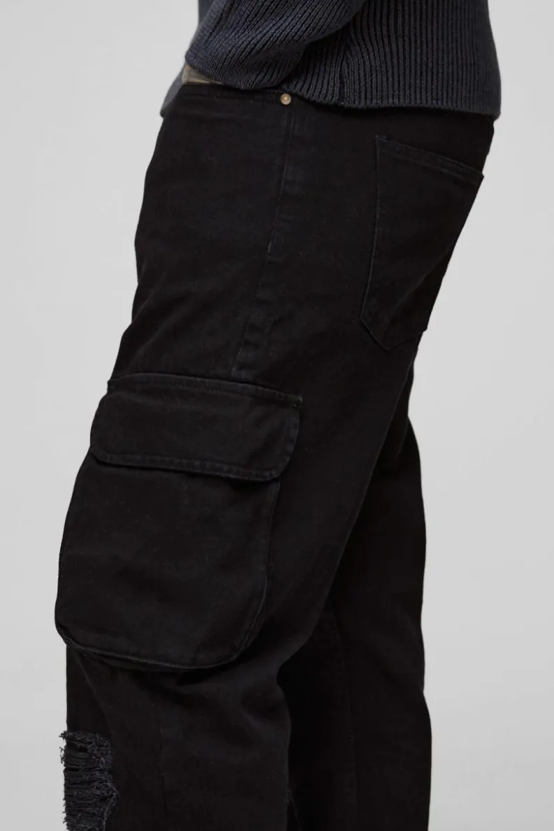 Sale boohooMAN Tall Straight Fit Rip & Repair Popper Hem Cargo Jeans black