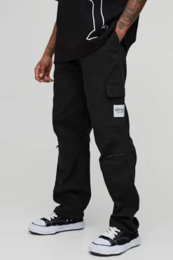 Cheap boohooMAN Tall Straight Leg Ankle Grazer Woven Tab Cargo Trouser black