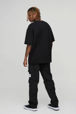 Cheap boohooMAN Tall Straight Leg Ankle Grazer Woven Tab Cargo Trouser black
