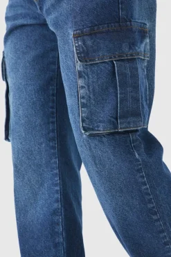 Outlet boohooMAN Tall Straight Rigid Cargo Jeans mid blue