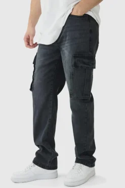 Hot boohooMAN Tall Straight Rigid Cargo Jeans washed black
