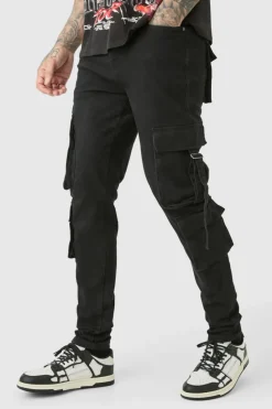 Discount boohooMAN Tall Stretch Skinny Cargo Pocket Detail Jeans In true black