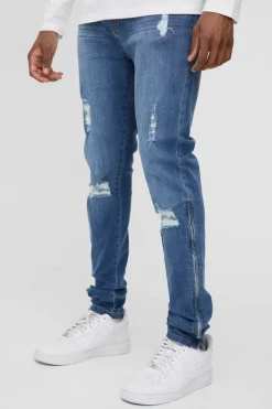 Cheap boohooMAN Tall Stretch Skinny Zip Hem Ripped Jeans mid blue
