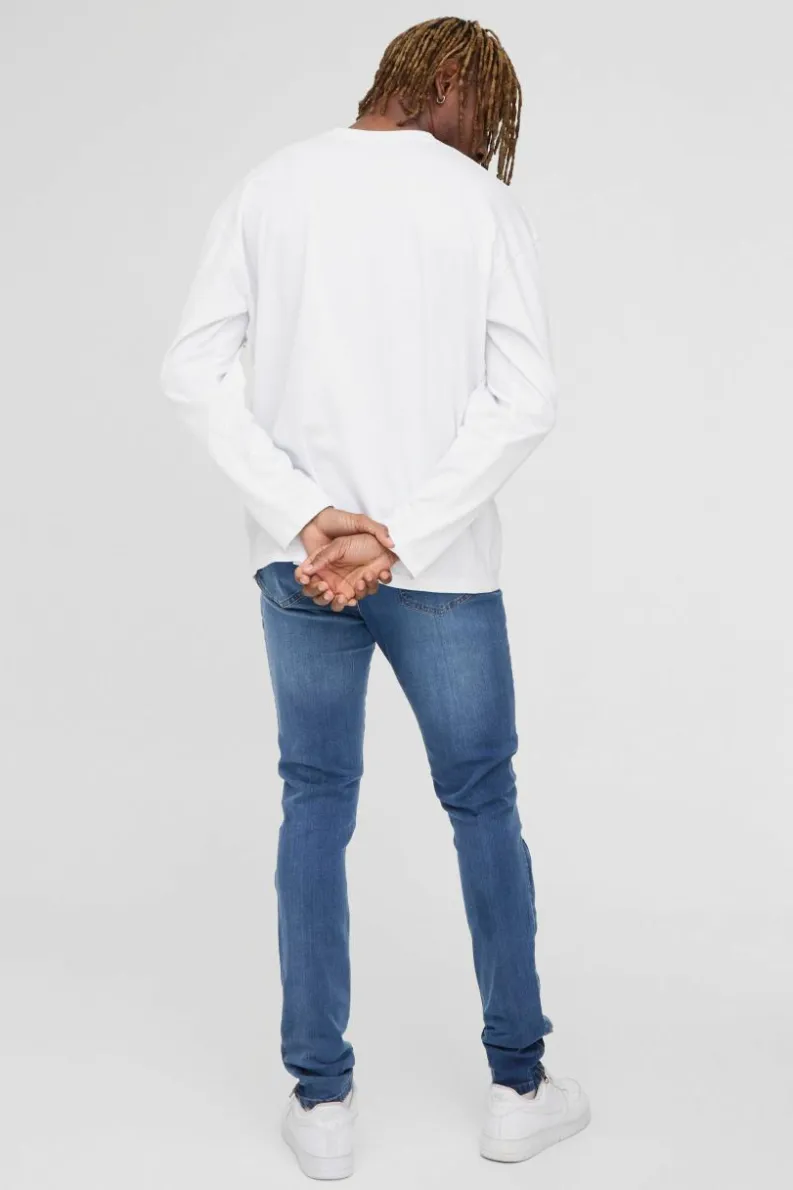 Cheap boohooMAN Tall Stretch Skinny Zip Hem Ripped Jeans mid blue