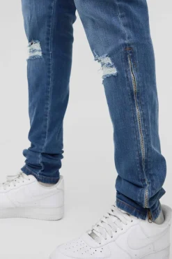 Cheap boohooMAN Tall Stretch Skinny Zip Hem Ripped Jeans mid blue