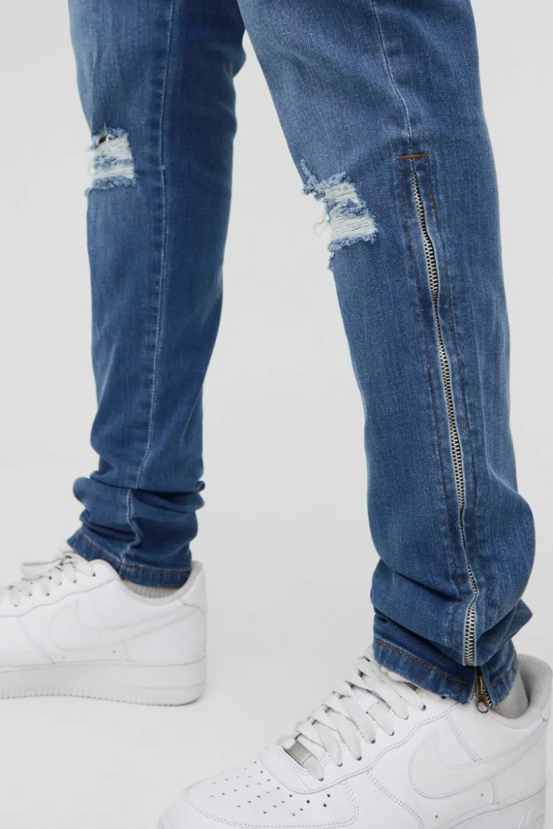 Cheap boohooMAN Tall Stretch Skinny Zip Hem Ripped Jeans mid blue