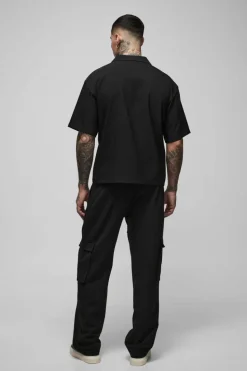 Online boohooMAN Tall Stretch Woven Boxy Revere Shirt black