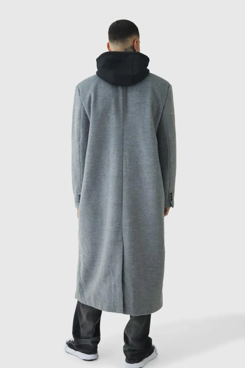 Best boohooMAN Tall Super Relaxed Hybrid Hooded Wool Overcoat charcoal